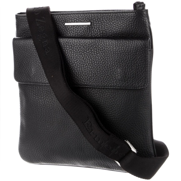 Ermenegildo Zegna Messenger Bag Crossbody Black Pebbled Leather Limited Edition
